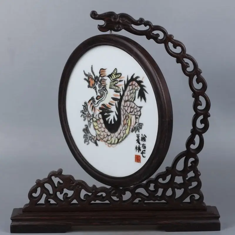 China Exquisite Handmade Zodiac Dragon pattern Porcelain Screen Wooden stent | Дом и сад