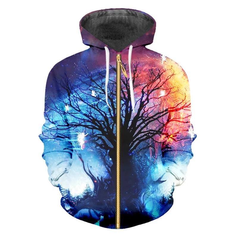 UJWI 2019 Man On Sale Popular Zip Hoodies 3D Printed Colorful Starry Tree Summer Men's Casual Long sleeve coat Drop Shipping | Мужская