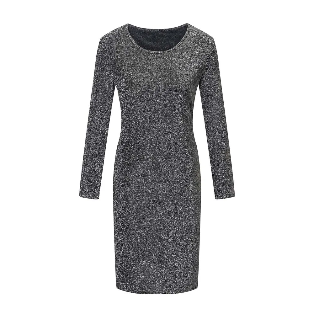 Женское однотонное блестящее платье с круглым вырезом и длинным рукавом