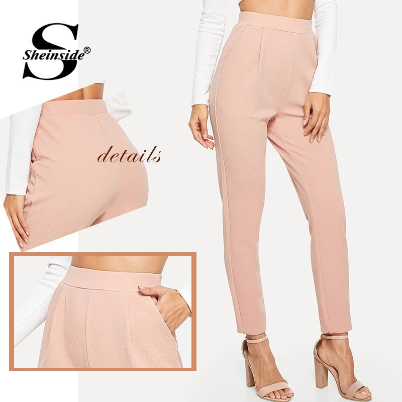 Sheinside, карман сбоку, одноцветные, текстурированные брюки, одноцветные брюки, женские, розовые, пастельные, Капри,, весна, средняя талия, элегантные длинные штаны