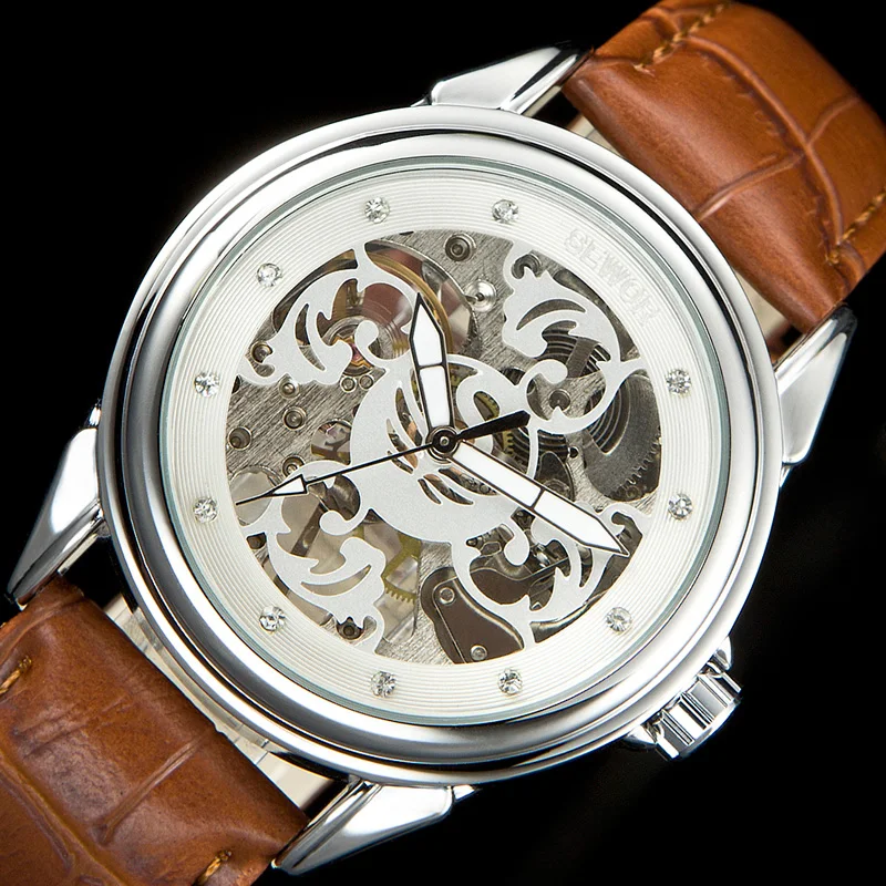 SEWOR мужские часы механические ручные женские со стразами стимпанк Скелетон C896|clock