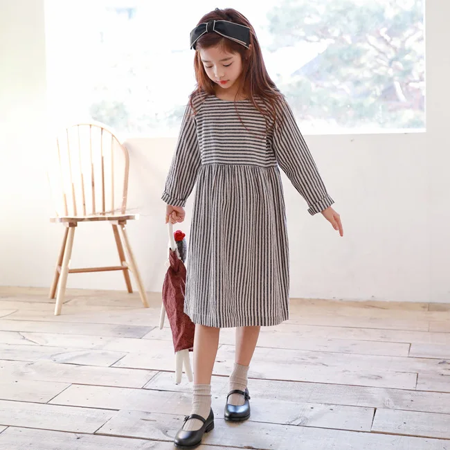 Vintage Girls Dress 2018 New Children's Striped Long-sleeved Cotton Loose The 4-15year Big Girl's Parent-child | Детская одежда