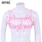 Гей-Фетиш, мужское нижнее белье SISSY, мягкие атласные экзотические танки, укороченный топ с оборками, эластичный плечевой ремень, открытая спина, без косточек, бюстгальтер