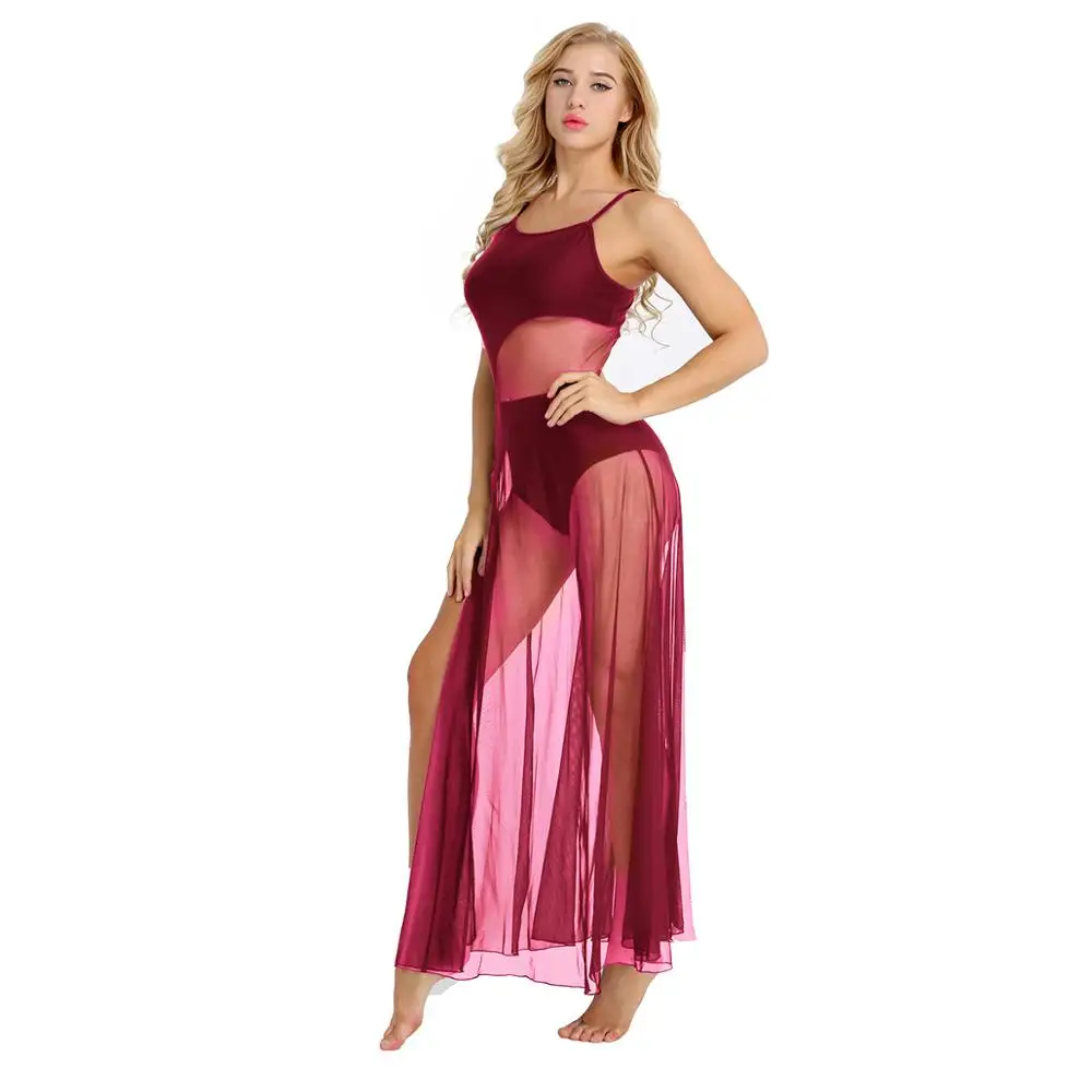 Wine Red IEFiEL Женский взрослый Спагетти ремень сетки Макси танцевальная одежда со встроенной гимнастикой трико балерины бальных танцев класса платья - Цвет: Wine Red