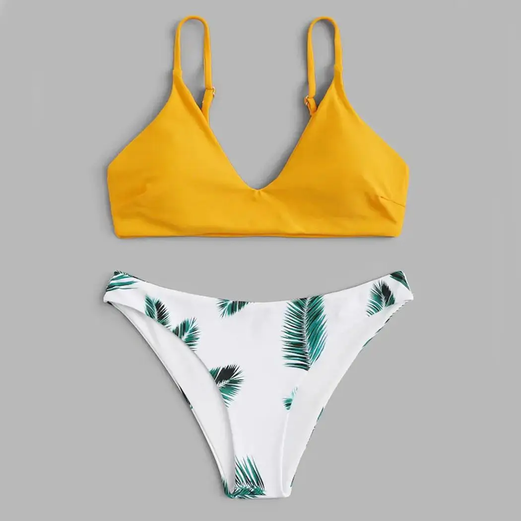 Женский пляжный с завышенной талией без рукавов Летний Бикини Раздельный принт в