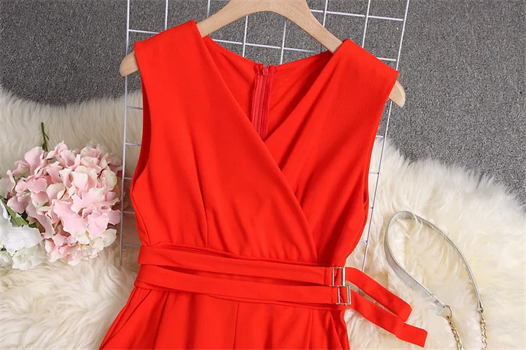 ALPHALMODA весенние женские однотонные комбинезоны без рукавов с v-образным вырезом и высокой талией с поясом Женские повседневные Комбинезоны с широкими штанинами