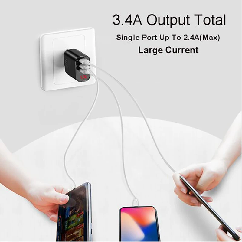 Baseus 3.4A USB зарядное устройство быстрое зарядное устройство с светодиодный цифровой дисплей 3 USB слот настенное зарядное устройство для iPhone samsung Xiaomi huawei
