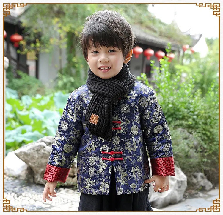 Tang Cheongsam с длинным рукавом свободного кроя пальто синий год костюмы для детей мальчик китайский Qipao дети Китайский Стиль зимнее пальто