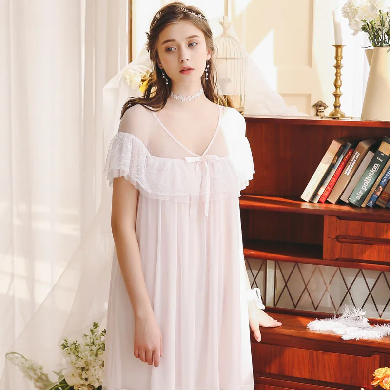 Женское винтажное ночное белье элегантная кружевная ночная рубашка с рюшами и