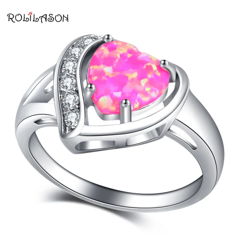Rolilason ювелирные изделия Сердце Дизайн Кольца для влюбленных розовый опал белый