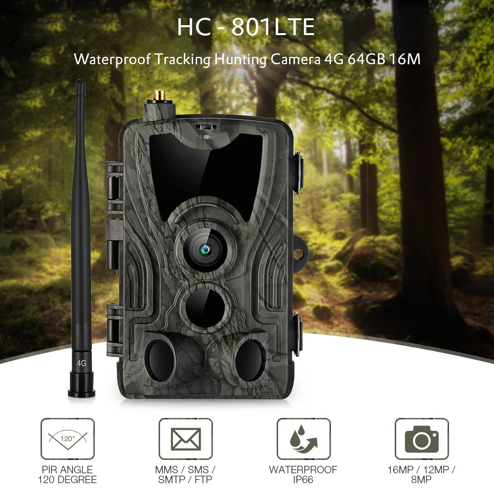 HC 801LTE IP66 водонепроницаемая охотничья камера 4G 64GB 16MP HD 1080P PIR датчики ночного