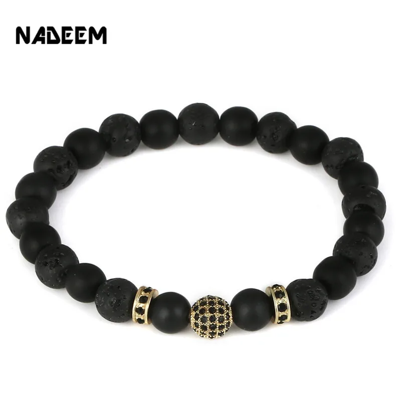 NADEEM Модный черный CZ медный шар мужской браслет натуральный матовый & бусина из