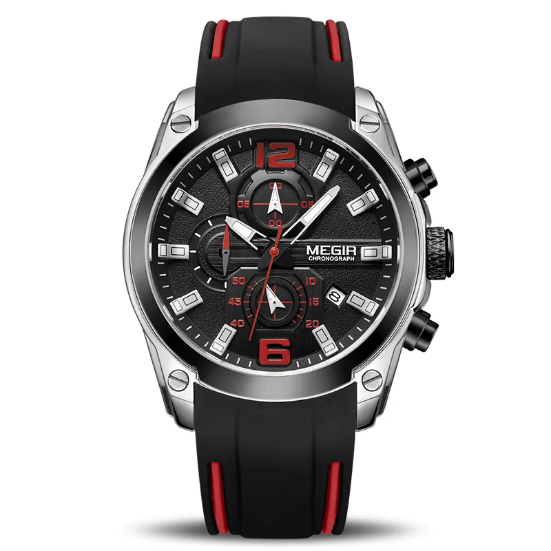 Silver Black MEGIR мужские часы с хронографом кварцевые часы Relogio Masculino силиконовый армейский Милитари спортивный часы мужские s наручные часы - Цвет: Silver Black