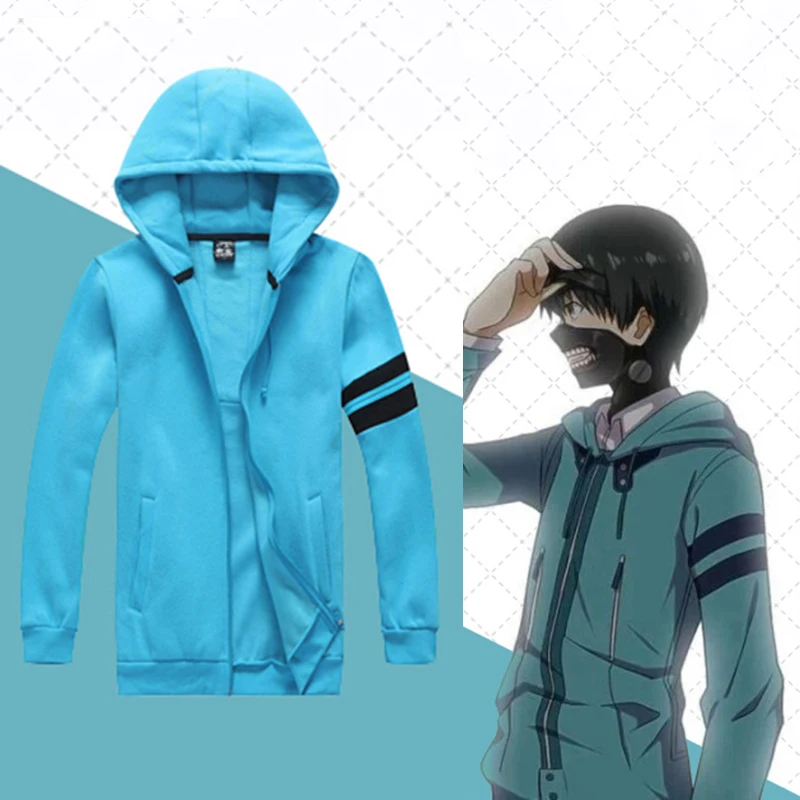 

High-Quality Tokyo Ghoul Cosplay Kaneki Ken Cosplay Costume Men's Blue Zipper Hoodies Cotton Fleece Fantasitic Halloween Costume