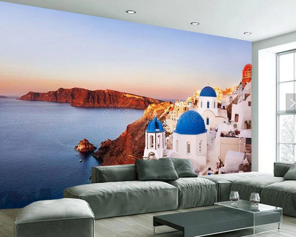 3d обои на стену в виде Санторини греческого города здания гостиной телевизора