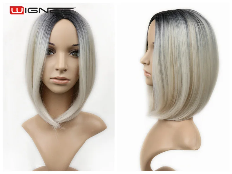 Mixed Grey White Wignee короткие прямые волосы синтетический боб парики Смешанные фиолетовый/розовый/синий/натуральный черный парик цвета радуги Glueless косплей женские волосы парики - Цвет: Mixed Grey White