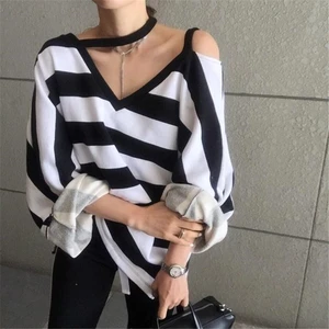 Женский свитшот с открытыми плечами Alien Kitty, повседневный Свободный свитшот с V-образным вырезом, осень 2020