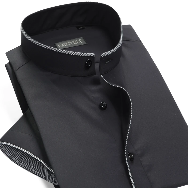 Воротник-стойка короткий рукав рубашки хлопок Для мужчин летние рубашки Slim Fit