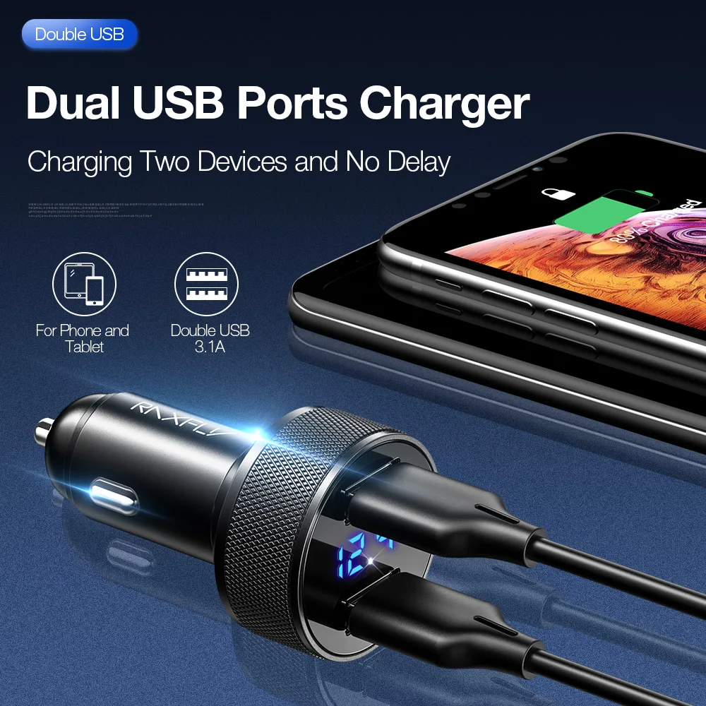 Автомобильное зарядное устройство RAXFLY Dual USB с цифровым дисплеем для iphone 7 X