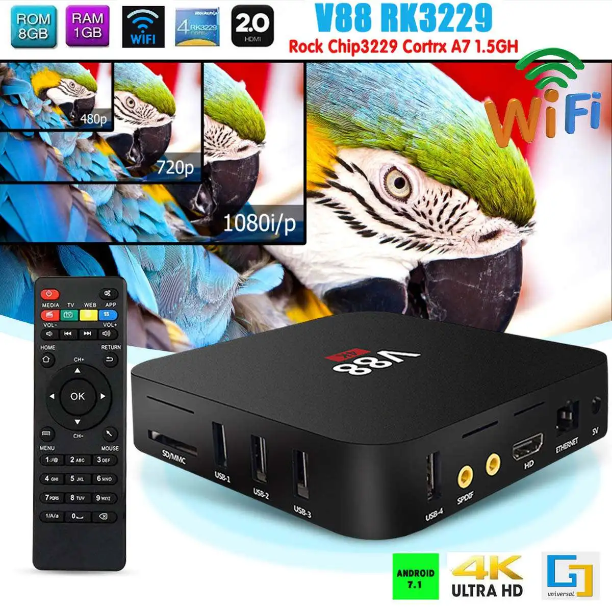 V88 Plus RK3328 четырехъядерный процессор Android 7,1 ТВ приставка 1G/16GB wifi 4K H.265 медиа Смарт ТВ приставка поддержка wifi медиа приставка