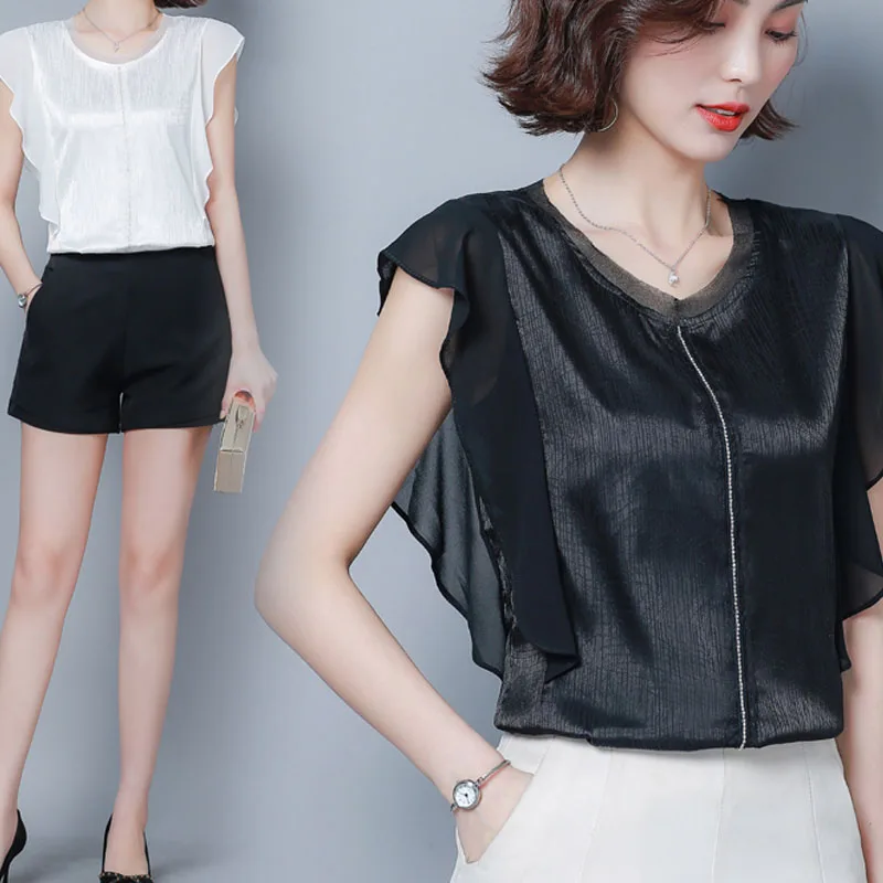 Однотонная футболка с короткими рукавами со вставками и черный белый цвет Блузка