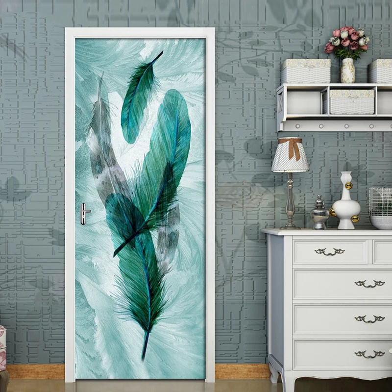 

2Pcs/Set Beautiful Blue Feather Art Decor Home Creative DIY 3D Door Stickers Pattern for Wall Room Home Door Decor Decals Mural