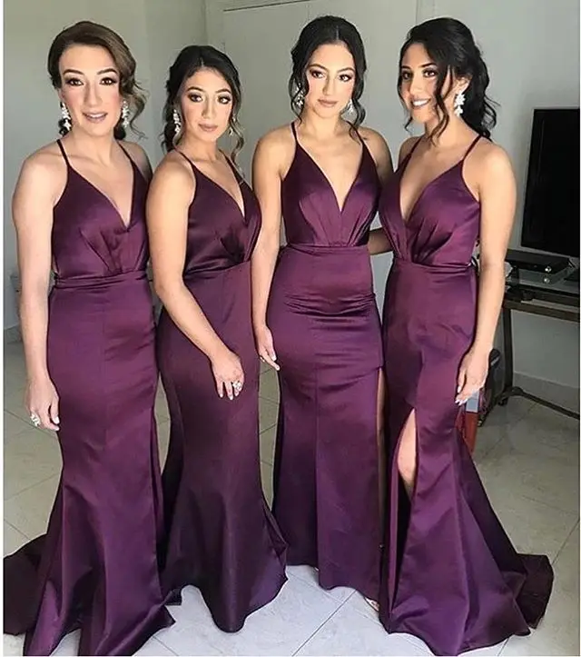 

Sexy V Neck Side Slit Purple Bridesmaid Dresses Long 2019 Spaghetti Straps Criss-cross Back Maid of Honor Wedding Guest Dresses