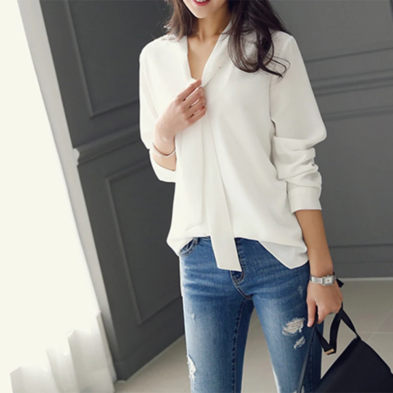 

Women Tie Collar Simple Business Style Blouse Shirt Long Sleeve Woman High Quality Shirt Microfiber Tops Office Clothes Woman