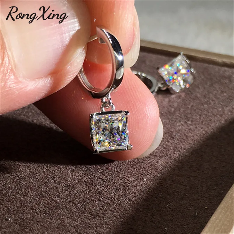 RongXing, квадратные белые серьги-кольца с цирконом для женщин, 925 серебро/розовое золото, заполненные кристаллами, серьги с камнем, женские свадебные ювелирные изделия
