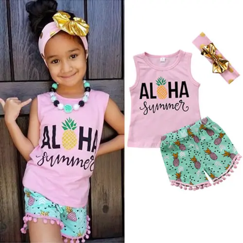 Детский летний топ для маленьких девочек футболка жилет штаны шорты комплект