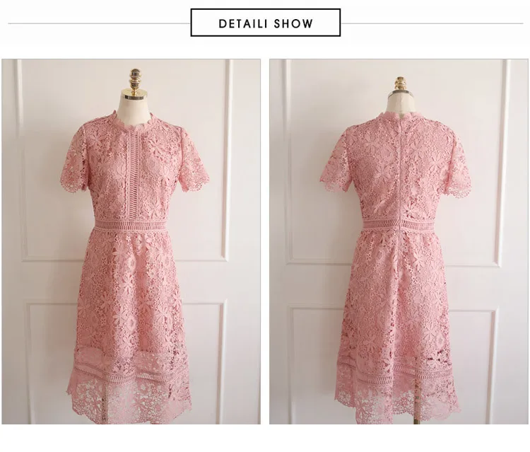 

2019 Summer Elegant Office Lady O Neck Floral Hollow Out Lace Long Dress Women Fashion Short-sleeved Slim Casual Party Dresses