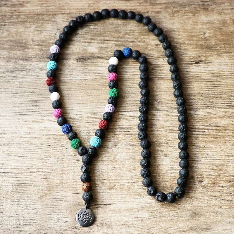 Женское Бохо желто черное Лава бусина мала с черным лотоса Будды очарование