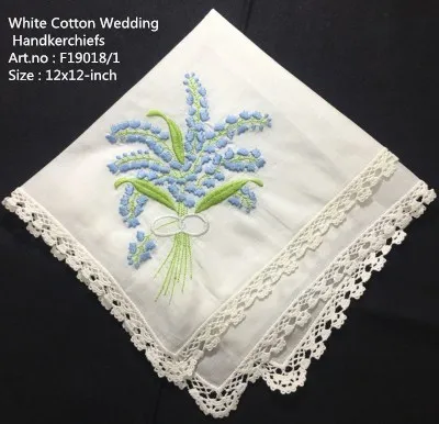 Set of 12 Fashion Wedding Bridal Handkerchiefs White Cotton Hankies with Lace Edged and Color embroidered Floral For Bride Gifts |