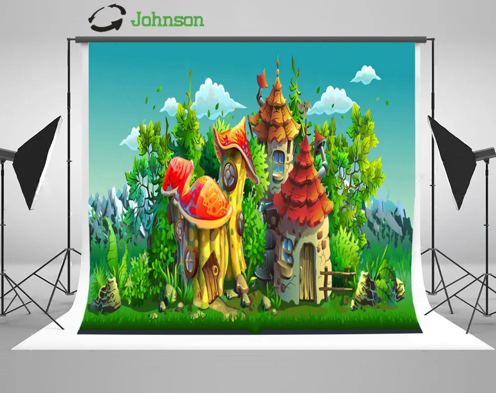 

Fairy Tales Village Houses Clouds Tree Grass background polyester or Vinyl cloth High quality Computer print wall backdrops