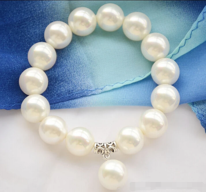 

z6282 14mm WHITE SOUTH SEA SHELL PEARL Stretch BRACELET PENDANT 8inch @^Noble style Natural Fine jewe SHIPPING new >>free shippi