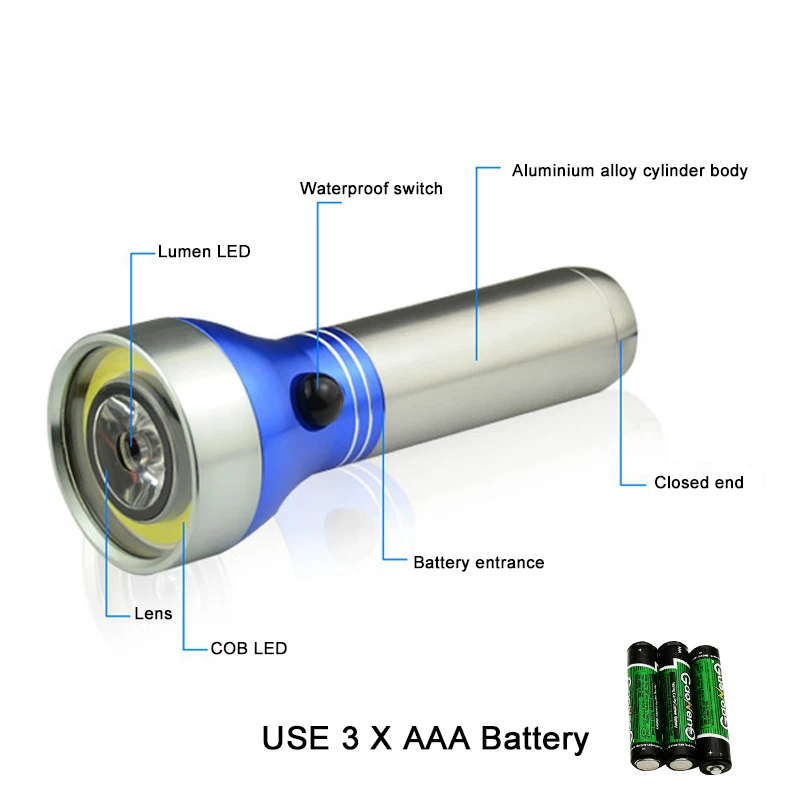 LED Flashlight torch stainless steel small hand electro-luminance COB flashlight double light source home emergency lighting | Освещение