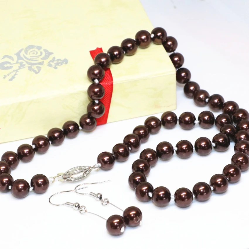 

Women romantic weddings anniversary gifts 8mm chocolate round simulated-pearl shell beads necklace earrings jewelry 18inch B2348