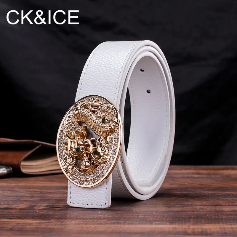CK&ampICE Casual belt men women fancy vintage Chinese Dragon Cowskin Waistband smooth button Waist Strap luxury genuine leather |