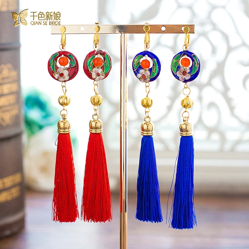 Long women earrings tassel gorgeous chinese style clip earring wedding party pendant girl festival decoration qx025 | Украшения и