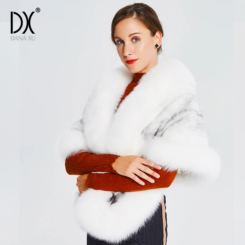 Зима холодная погода искусственный пончо с лисьим мехом супер большие