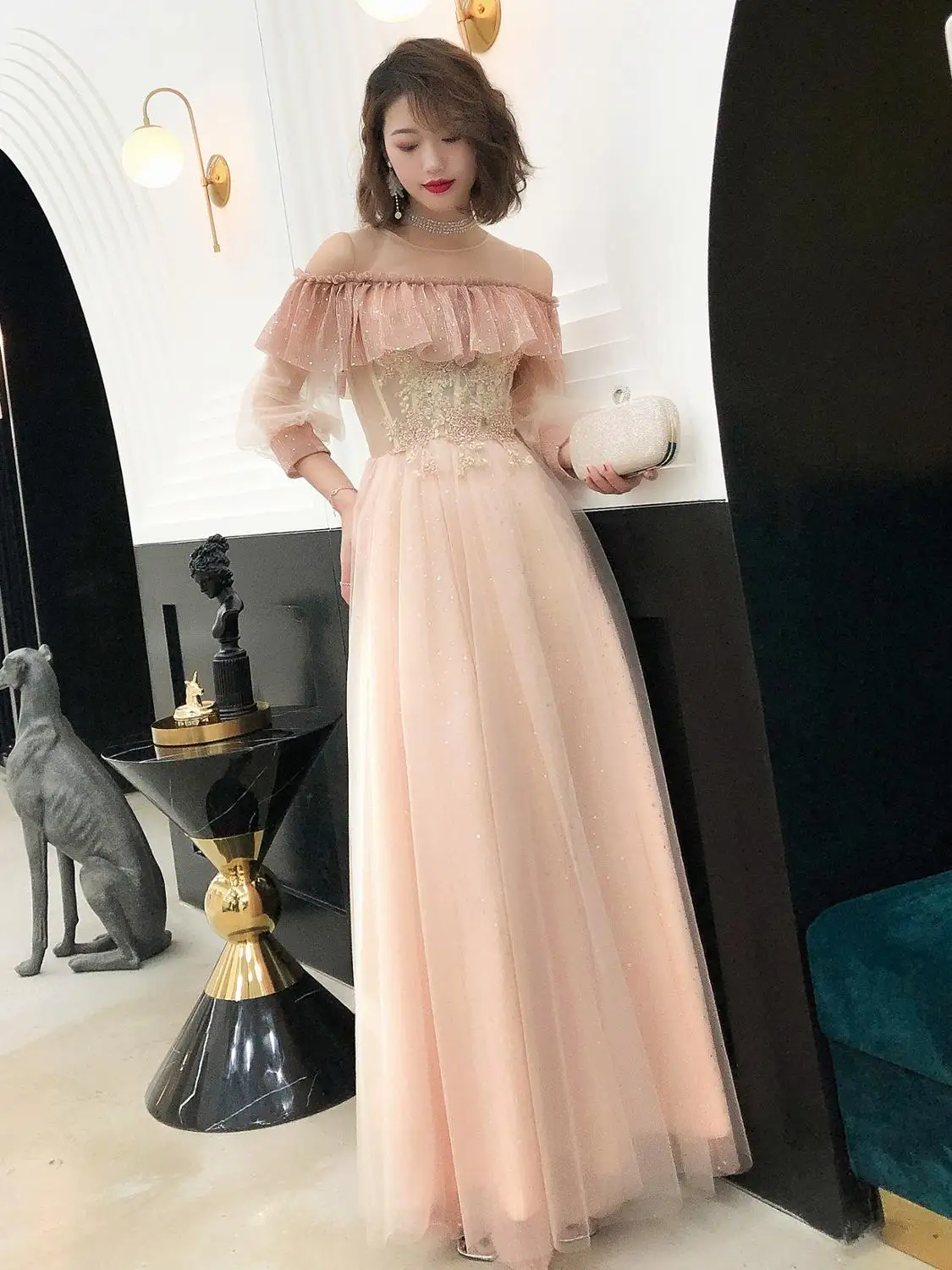 Блестящие банкетные платья Сетчатое шифоновое длинное платье с круглым вырезом