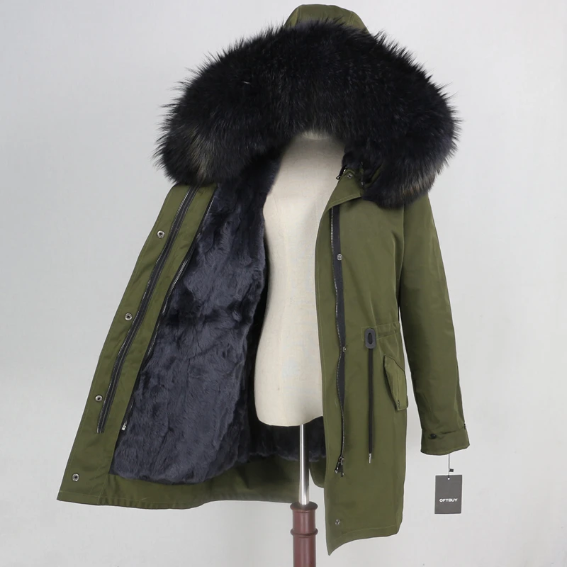green grey grey Женская меховая куртка OFTBUY, водонепроницаемая парка песочного цвета с подкладкой из натурального кроличьего меха, с меховой отделкой на капюшоне, верхняя одежда зима - Цвет: green grey grey