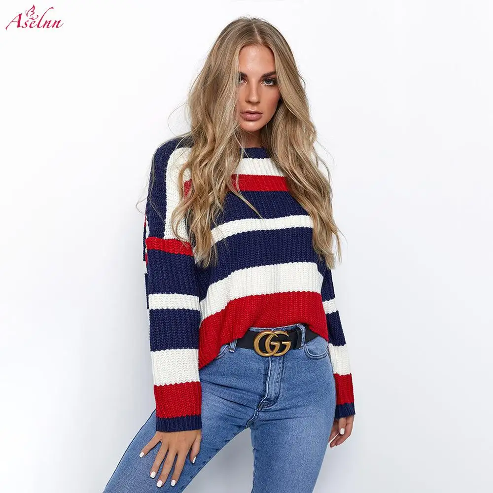 Aselnn Winter Women Colorful Striped Sweater Long Sleeves O-neck Loose Slim Knitted Pullovers Casual Blusas De Inverno Feminina | Женская