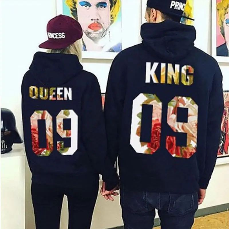 Толстовки для пар с принтом King and Queen Модный пуловер длинными рукавами и капюшоном