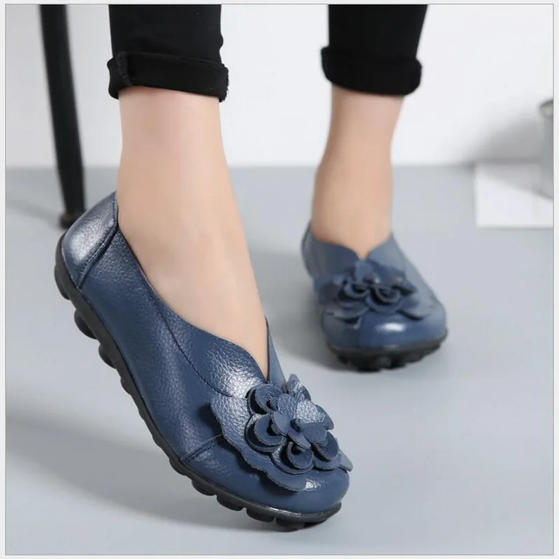 Spring Autumn Women Loafers Genuine Leather Flat Shoes Ballet Flats Round Toe Comfortable Casual Women Shoes Plus Size #35-44