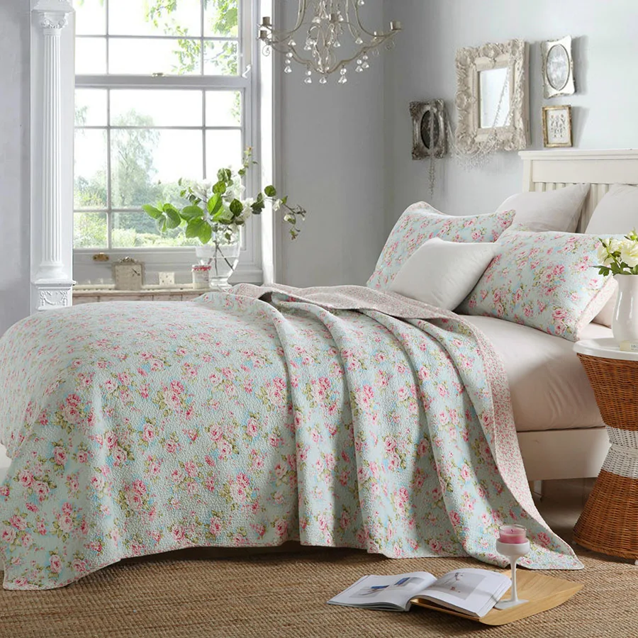 

Floral Print Bedspread for Bed Quilt Set 3pcs Cotton Coverlet with 2 Pillowcase Queen Size 230*250 Quilted Blanket on Bed