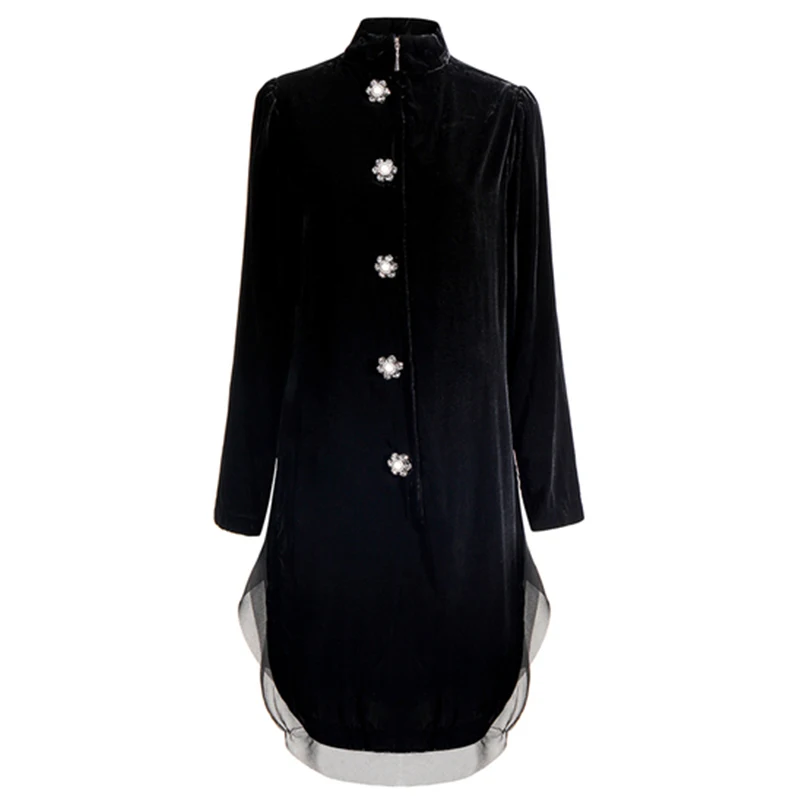 French Style Egg Women Dress Long Sleeve Stand Collar Mini Black Velevt Brand Designer Runway Elegant Party Vestidos | Женская одежда