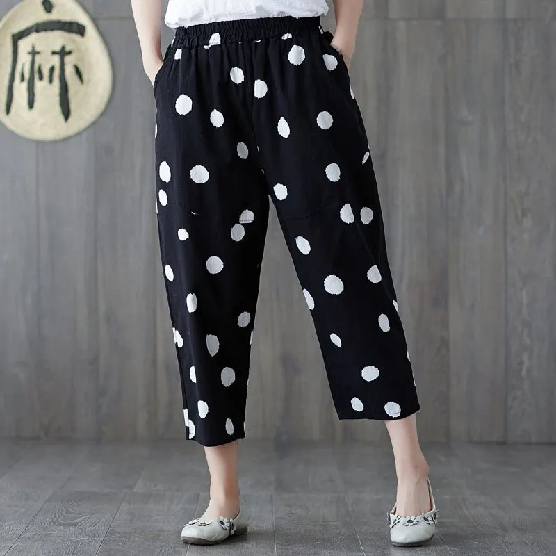 Women's Polka Dot Harem Pants Print Cotton and Linen Lady Loose Large Size Wild Casual | Женская одежда