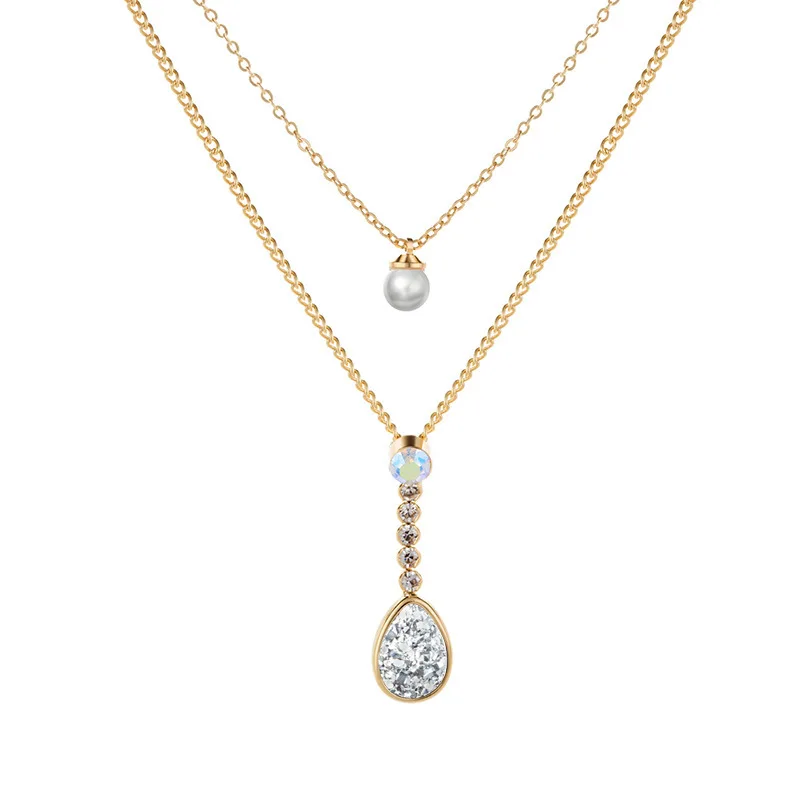 Doreen Box New Gold Pearl Geometric Water Drop-Shaped Rhinestone Pendant Multilayer Necklace For Elegant Women Fashion Jewelry | Украшения