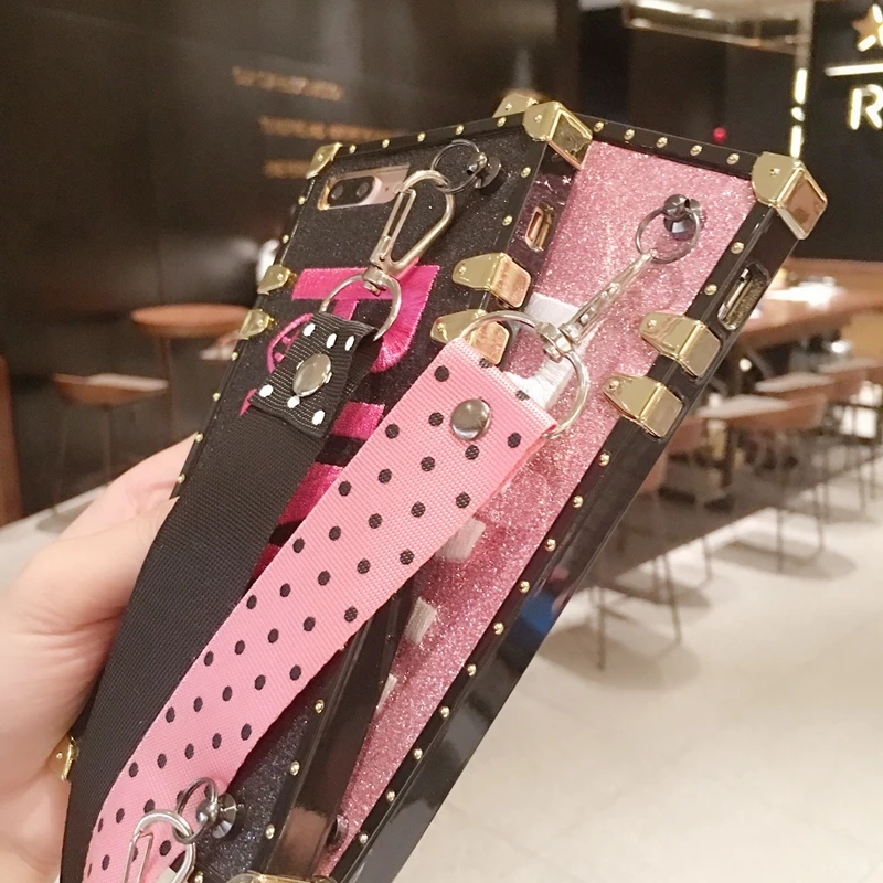 Luxury PINK Glitter Embroidery Leather Lanyard Brand Case for iPhone XR Max 7 8 6 s Plus X Samsung S8 S9 Note8 9 Secret |